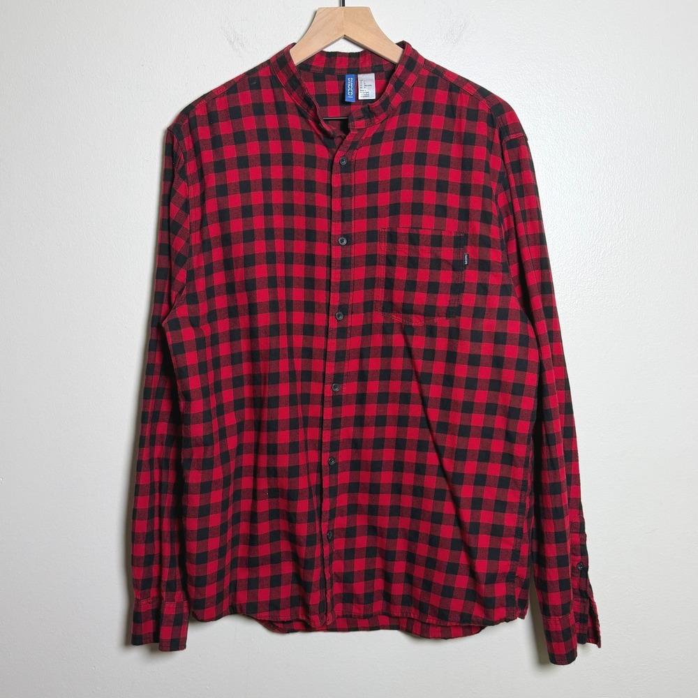 H&M Divided Mens Cotton Button Down Shirt L Red Buffalo Plaid Flannel Grunge